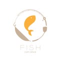 Fish jumping in Fishing rod, pan and flipper frame circle shape, logo icon set design illustration