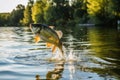 A fish jumping out of the water at a lake created with generative AI technology