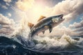 Fish jumping out of the water over breaking waves. Marine animals wallpaper.