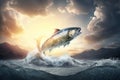 Fish jumping out of the water over breaking waves. Marine animals wallpaper.