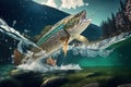 Fish jumping out of water in pond with splashes against blurred nature, Generative AI Royalty Free Stock Photo