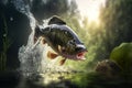 Fish jumping out of water in pond with splashes against blurred nature, Generative AI Royalty Free Stock Photo
