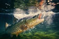 Fish jumping out of water in pond with splashes against blurred nature, Generative AI Royalty Free Stock Photo