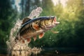 Fish jumping out of water in pond with splashes against blurred nature, Generative AI Royalty Free Stock Photo