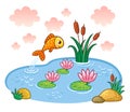 The fish jumps into the pond.