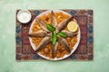 Fish Kabsa dish. Middle eastern food. Top view