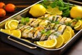 fish kebabs in a metal tray, lemon wedges around