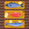 Fish on kitchen wooden chopping board fresh lemon top view seafood fishing cooking ingredients vector illustration