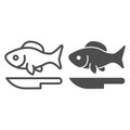 Fish and knife line and solid icon, Fish market concept, seafood restaurant emblem sign on white background, Fish and