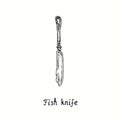 Fish knife with retro style decor. Ink black and white drawing woodcut vintage illustration