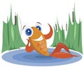 A fish in a lake waves its fins. Funny cartoon characterl