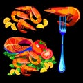 Fish lemon tomato dish seafood shrimp vector salmon illustration