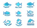 Fish logo. Stylized underwater animals icons identity for restaurant menu waves seafood pictures recent vector concept Royalty Free Stock Photo