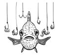 Fish and a lot of fish hooks. Hand drawn fishing symbol. The metaphor that the fish is in danger among the many hooks.