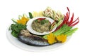Fish mackerel dried paste chili spicy with fresh and boiled vagetable ,grill Thai mackerel.Thai Royalty Free Stock Photo