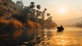 Fish-man boat at river Nile at sunset, beautiful Egyptian river side landscape