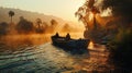 Fish-man boat at river Nile at sunset, beautiful Egyptian river side landscape