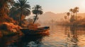 Fish-man boat at river Nile at sunset, beautiful Egyptian river side landscape Royalty Free Stock Photo