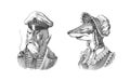 Fish man sailor with a pipe. Fish victorian lady. Woman in hat and suit. Mariner in a cap and vest. Fashion animal