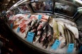 Fish market counter. Wide angle view.