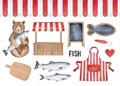 Fish Market Element Set. Seamless striped awning, traditional street stall, merchant apron, wood cutting board, blackboard signs.