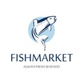 Fish market logo. Retro badge of blue silhouette of salmon. Vintage premium label for seafood restaurant.