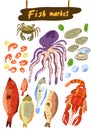Fish market sketch. Seafood street shop assortment. Crab and shrimp store. Oyster cropp lobster and octopus. Hand drawn