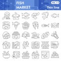 Fish market thin line icon set, sea food symbols collection or sketches. Fishing industry linear style signs for web and Royalty Free Stock Photo