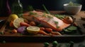 Fish meal with baked salmon, green beans, carrots, and potatoes. Dieting food concept