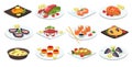 Fish meal. Cartoon seafood dishes traditional asian food, flat salmon roll lobster sushi mussel crab on plate japanese