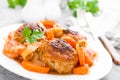 Fish meatballs or noisettes baked with carrot, onion and tomato sauce. Fish meatballs on plate