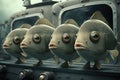 Fish in military uniform stand in a row , created with Generative AI technology