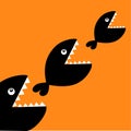 Fish monster eating each other. Three fishes. Food chain. Black color diagonal silhouette. Cute cartoon character set. Baby kids c