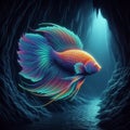 A fish with neon colored scales swimming in a dark underwaterc