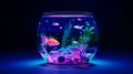 Fish in neon light. Aquarium with lots of fish. Underwater life in the ocean