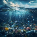 Fish in the ocean with plastic trash.