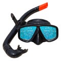 Fish in ocean is reflected in diving mask and snorkel on the beach Royalty Free Stock Photo