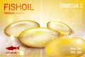 Fish oil ads template, omega-3 or vitamin E softgel capsule on golden background. Realistic Vector 3D illustration.