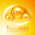 Fish oil ads. Vector illustration. Vitamin Omega-3, Fatty Acids EPA, DHA. Chemical formula. Shining golden substance drop, essence