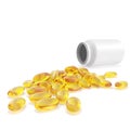 Fish oil capsule Omega and pill bottle on a white background. 3d illustration