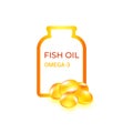 Fish oil capsules and  bottle isolated on white  background. Vitamin omega 3 pills template. Shining golden essence droplet. Gold Royalty Free Stock Photo