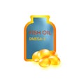 Fish oil capsules and  bottle isolated on white  background. Vitamin omega 3 pills template. Shining golden essence droplet. Gold Royalty Free Stock Photo