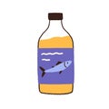 Fish oil in glass bottle. Fatty liquid of cod-liver extract, omega-3 supplement. Organic vitamin essential in package