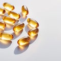 Fish oil omega 3 gel capsules on light background. Selective focus. Royalty Free Stock Photo