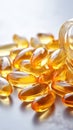 Fish oil omega 3 gel capsules on light background. Selective focus. Royalty Free Stock Photo