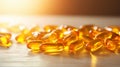Fish oil omega 3 gel capsules on light background. Selective focus. Royalty Free Stock Photo