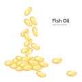 Fish oil omega 3. Transparent capsules with nutrition supplement. Fallen pills yellow color. Vector illustration isolated on white Royalty Free Stock Photo