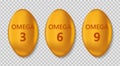 Fish oil pill omega 3. 3d round capsule omega3 on transparent background. Gold vitamin tablet for liver. Realistic fatty gel acids Royalty Free Stock Photo