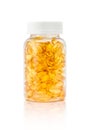 Fish oil supplement capsule in clear plastic bottle