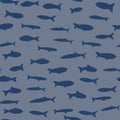 Fish ornament hand drawn seamless doodle pattern. Marine artwork with cachalots and whales in navy blue pale tones